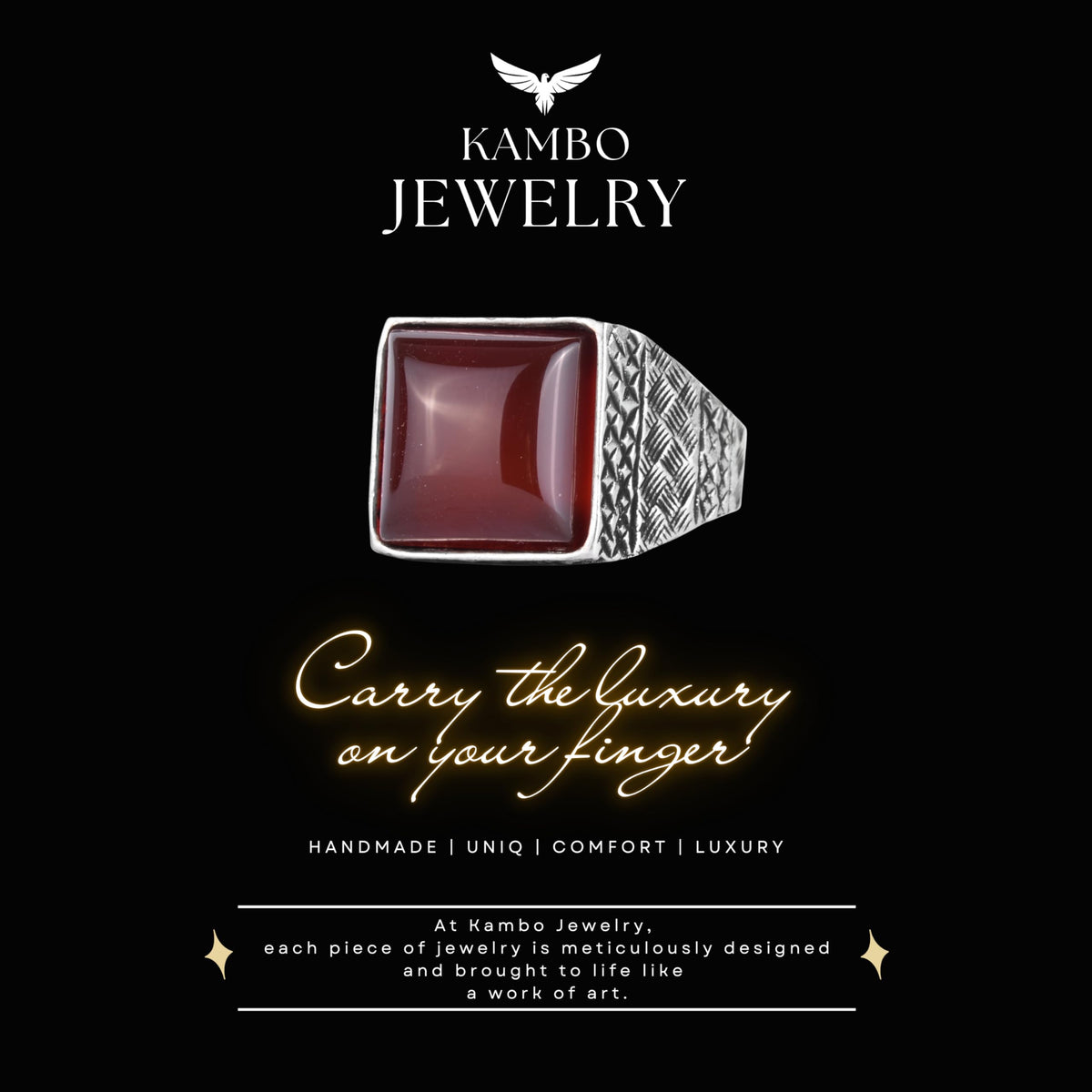 KAMBO Natural Stone Men's Ring 925 Sterling Silver Square Stone Handmade Statement Ring Unique Masculine Jewelry (Red Agate) — 7