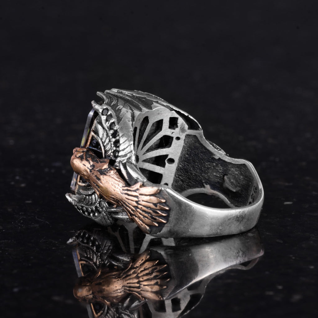 Eagle Symbol Design Gemstone Ring - Handcrafted 925 Sterling Silver — 7