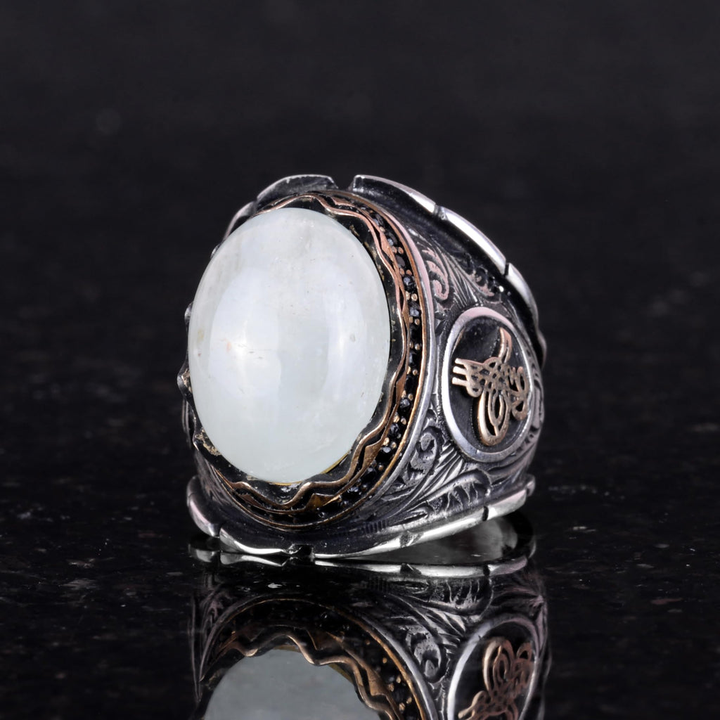 Natural Cabochon Aquamarine Stone Ring, Ottoman Tugra Silver Ring — 6