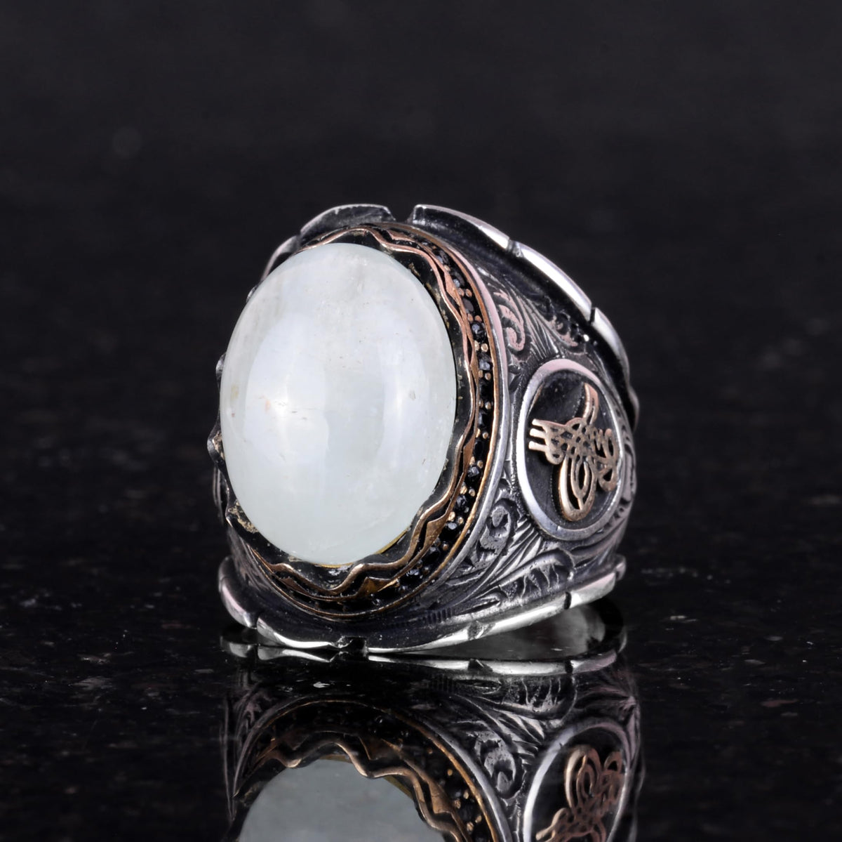 Natural Cabochon Aquamarine Stone Ring, Ottoman Tugra Silver Ring — 6