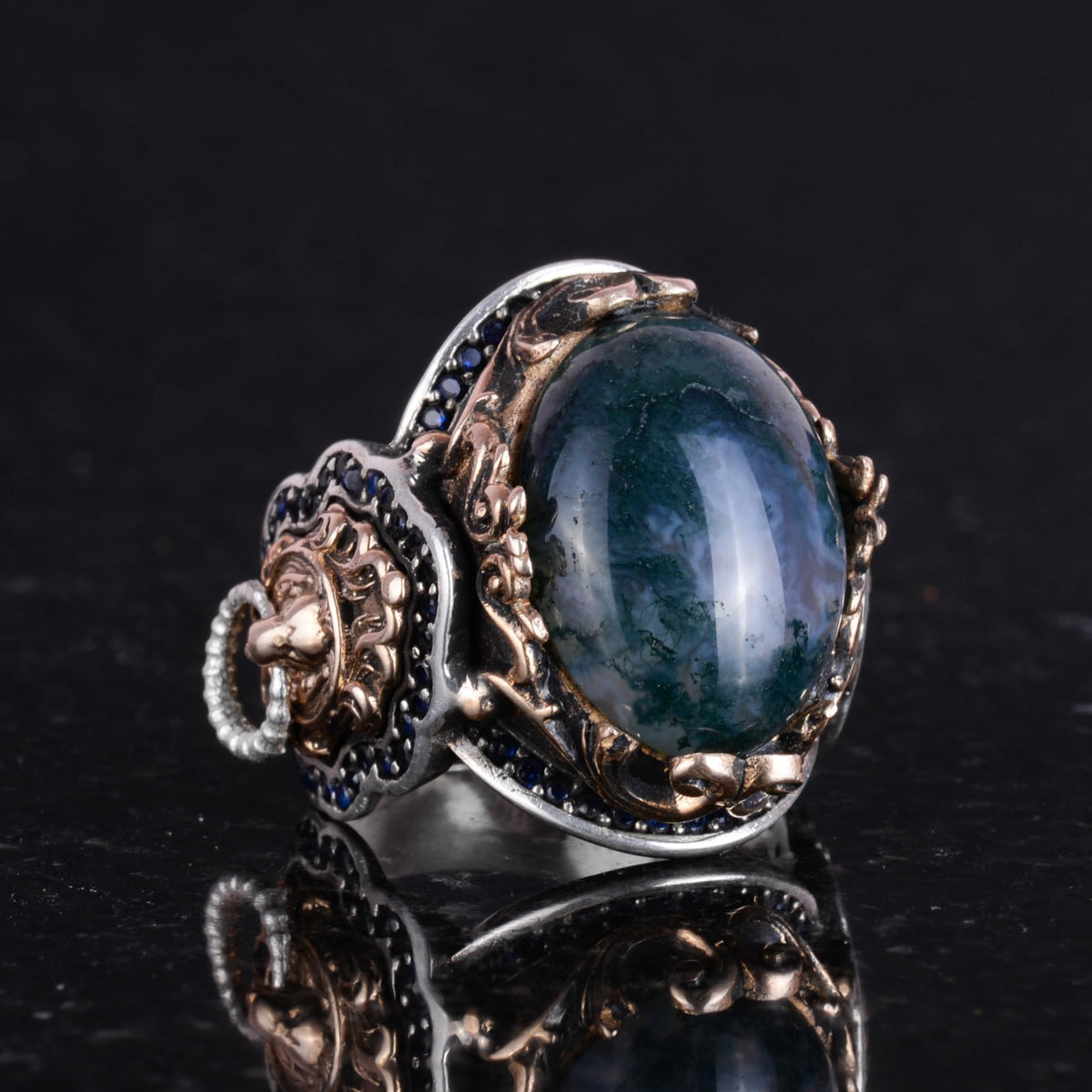 Natural Mossy Agate Stone Ring, Lion Head Men's Ring, 925K Pure Silver Men's Ring - Handmade Elegance — 5