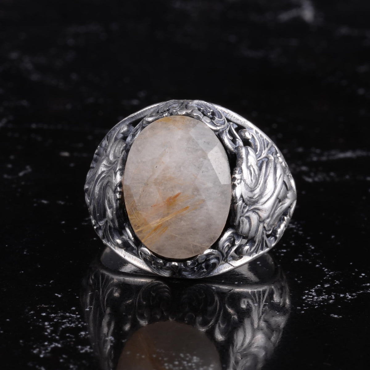 KAMBO Natural Stone Men's Ring 925 Sterling Silver - Large Flower Engraved Statement Ring - Handmade Vintage Ring for Men (Rutilated Quartz) — 4