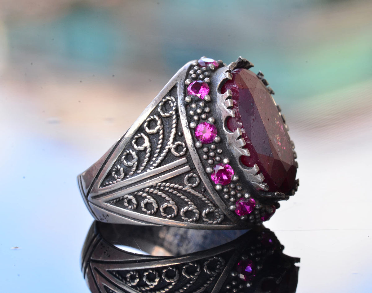 Handmade Silver Men's Ring | Natural Ruby Stone | Sultan Ring - Bold and Majestic Design — 4