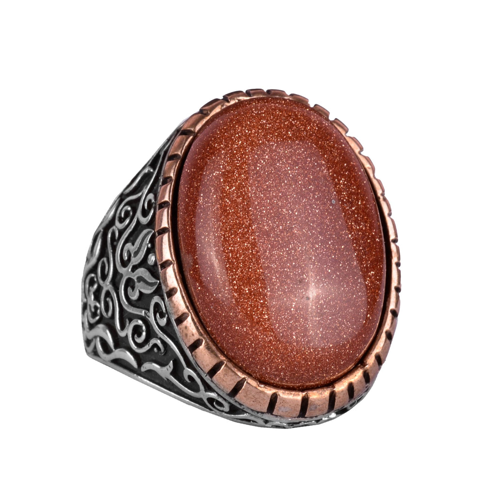 Synthetic Stone Ring, 925 Sterling Silver Men's Ring, Large Ring (Brown Synthetic Sunstone)