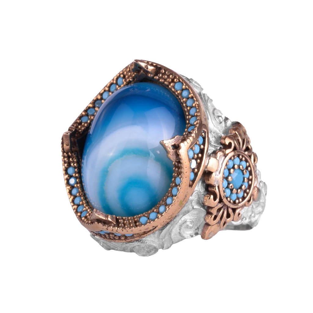 KAMBO Natural Stone Men's Ring – 925 Sterling Silver Gold Plated Statement Ring – Handmade Ring (Blue Agate)