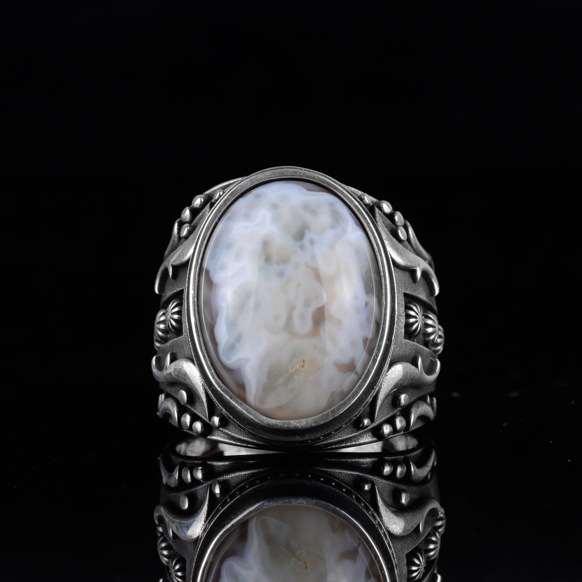 KAMBO Men's Natural Agate Ring – 925 Sterling Silver Flower Pattern Ring – Handmade Vintage Style Men's Statement Ring (Agate-11) — 4