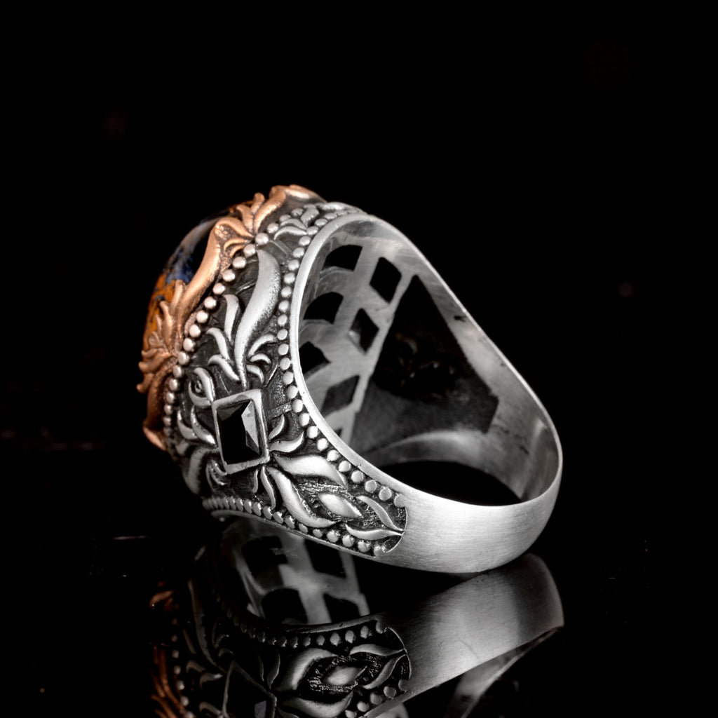 Natural Stone Men's Ring, 925 Sterling Silver Handcrafted Oval Ring — 6