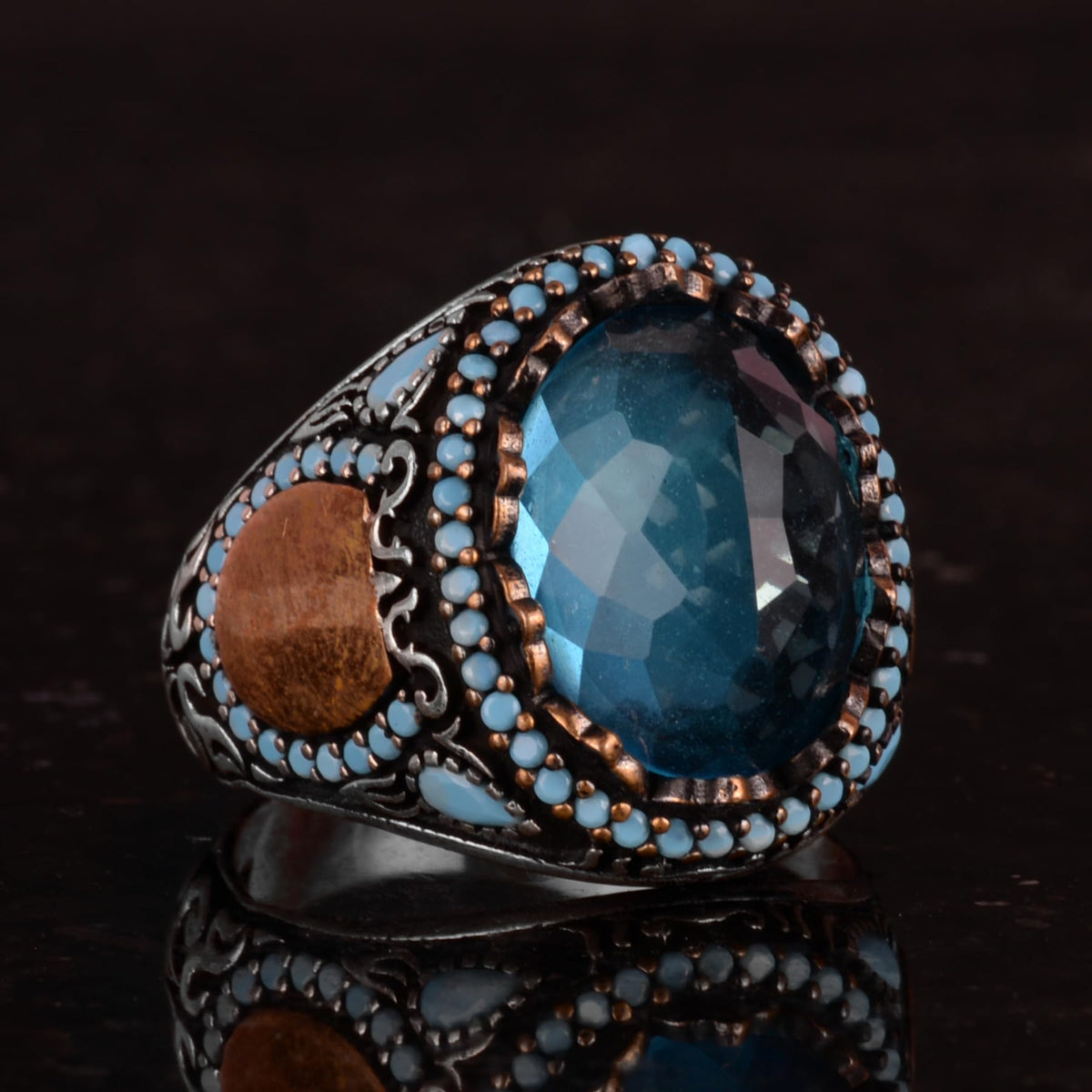 Aquamarine Glass Stone Ring - Handmade Men's Ring - Stylish 925 Sterling Silver Men's Ring — 5