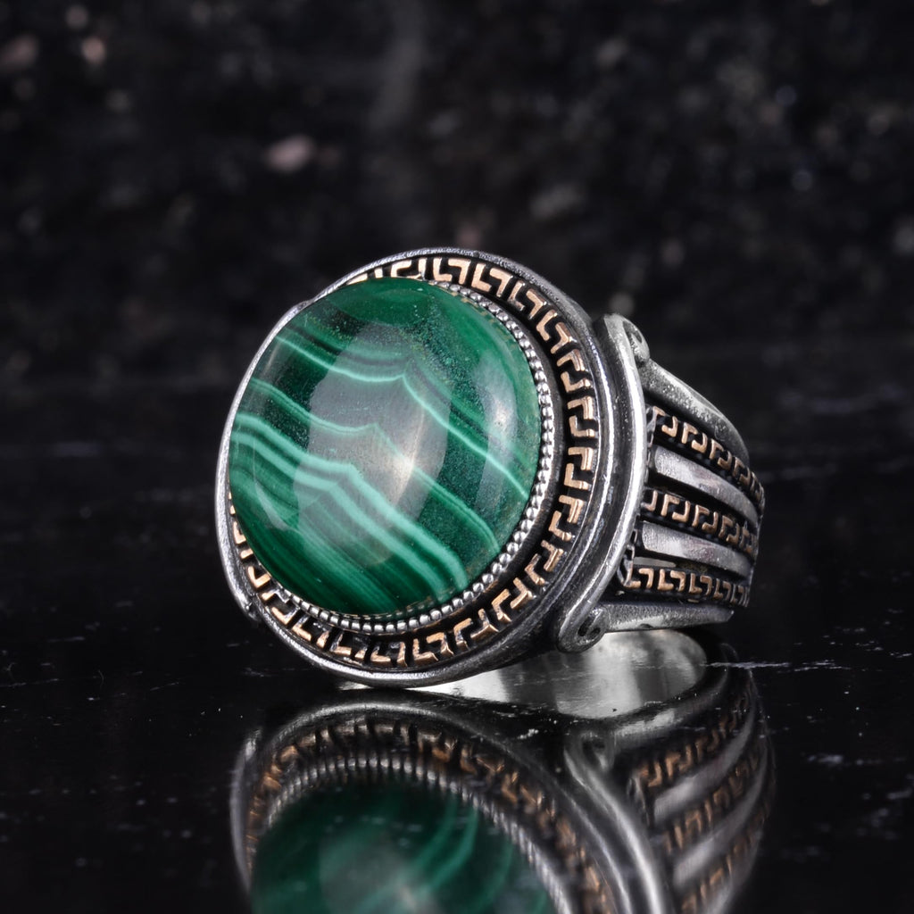 KAMBO Stone Round Men's Ring 925 Sterling Silver – Cabochon Handmade Vintage Greek Pattern Statement Ring (Malachite) — 5
