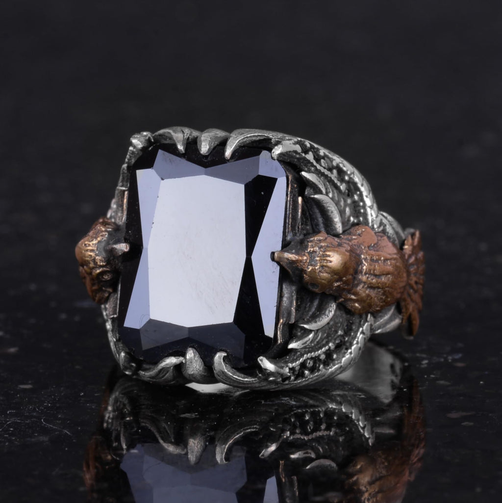 Men's Eagle Symbol Stone Ring - Handmade 925 Sterling Silver — 6