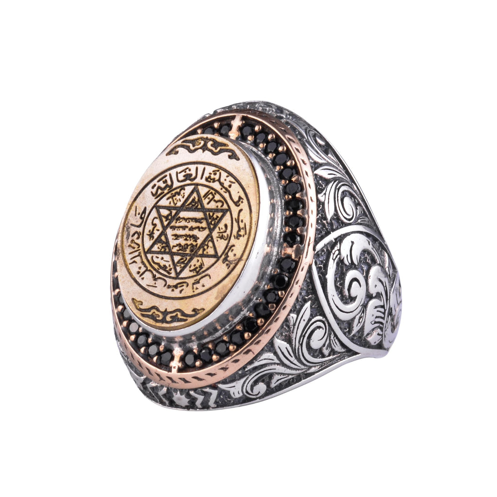 KAMBO Symbolic Large Men's Ring 925 Sterling Silver - Motif Statement Ring - Antique Inspired Vintage Byzantine Engraved Men's Jewelry (Seal of Solomon)
