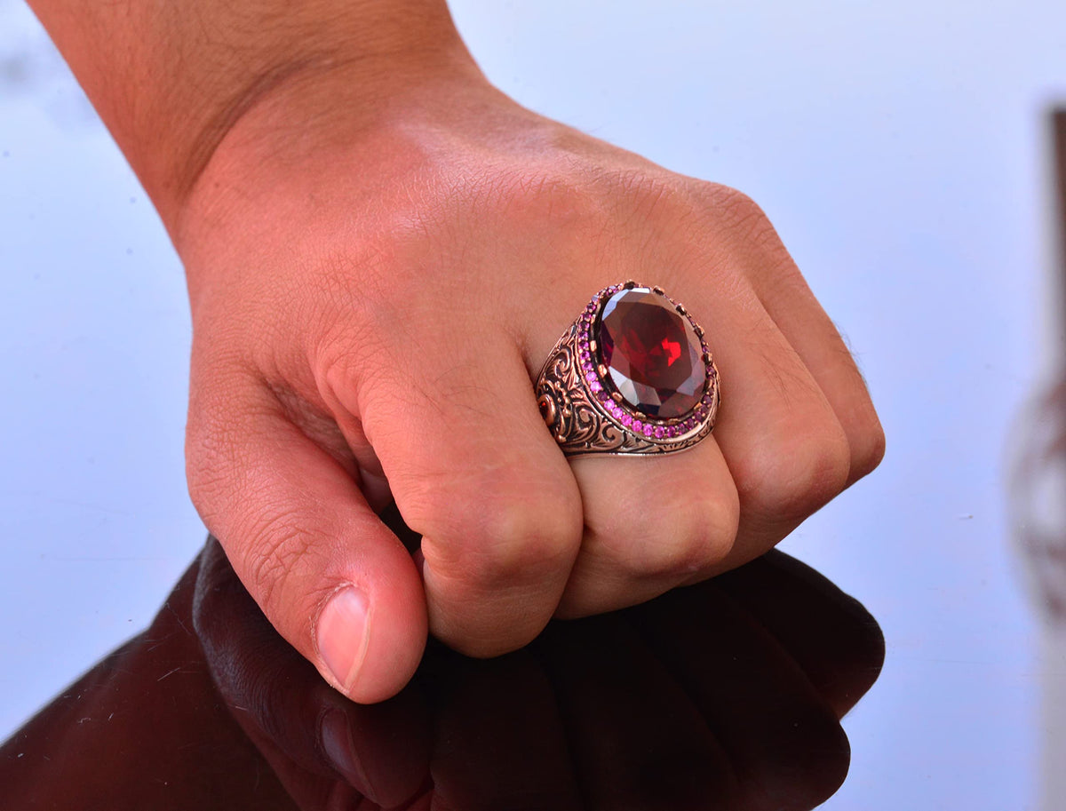 Garnet Stone King Ring, Silver Men's Ring — 7