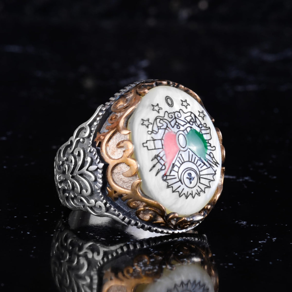 KAMBO Natural Pearl Stone Ottoman Empire Emblem Ring Men's 925 Sterling Silver Bronze Detailed Handmade Statement Ring — 6