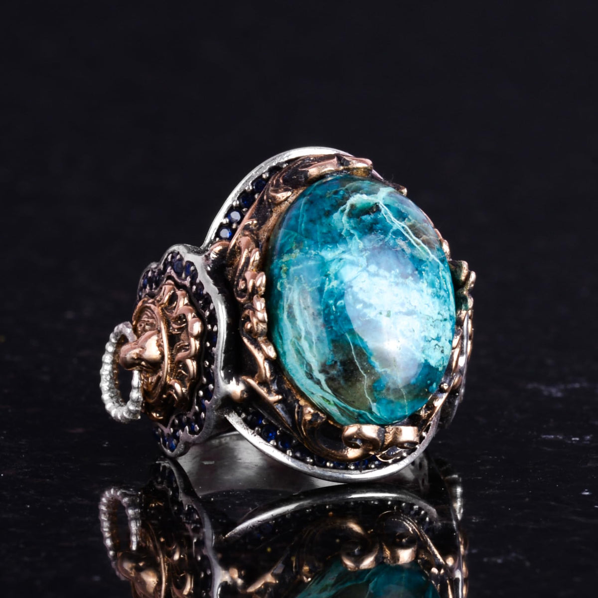 925 Sterling Silver Men's Ring, Natural Chrysocolla Stone Ring, Lion Head Ring — 5