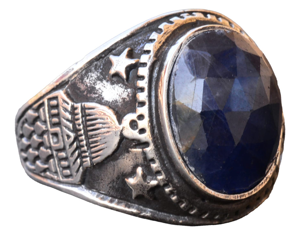 KAMBO Handmade 925 Sterling Silver Men's Ring with Genuine Natural Sapphire Gemstone, Minimalist Islamic Mosque Design, 