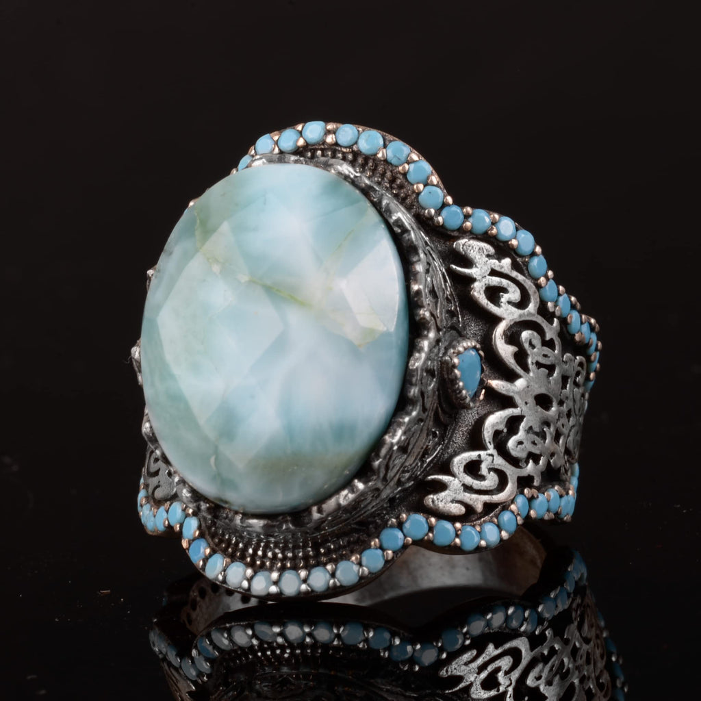 Handmade 925 Sterling Silver Men's Ring with Natural Larimar Stone - Elegant Design — 3