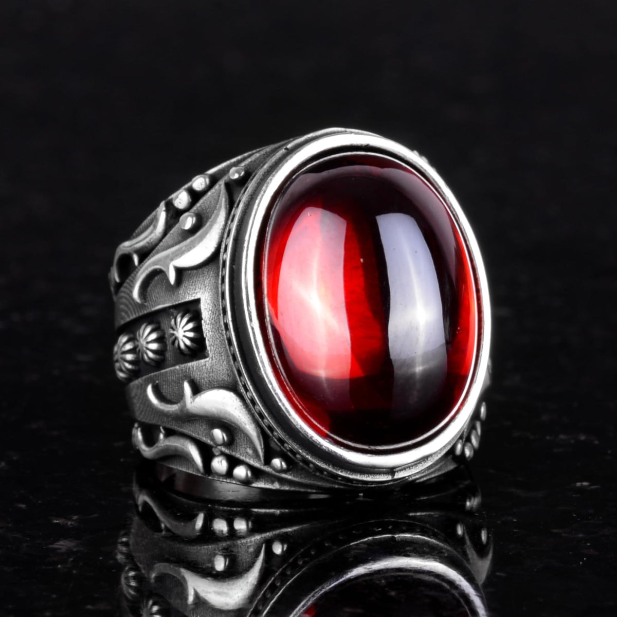 Manufactured Stone Ring, 925 Sterling Silver Ring, Design Silver Men's Ring (Cabochon Made Garnet Stone) — 5