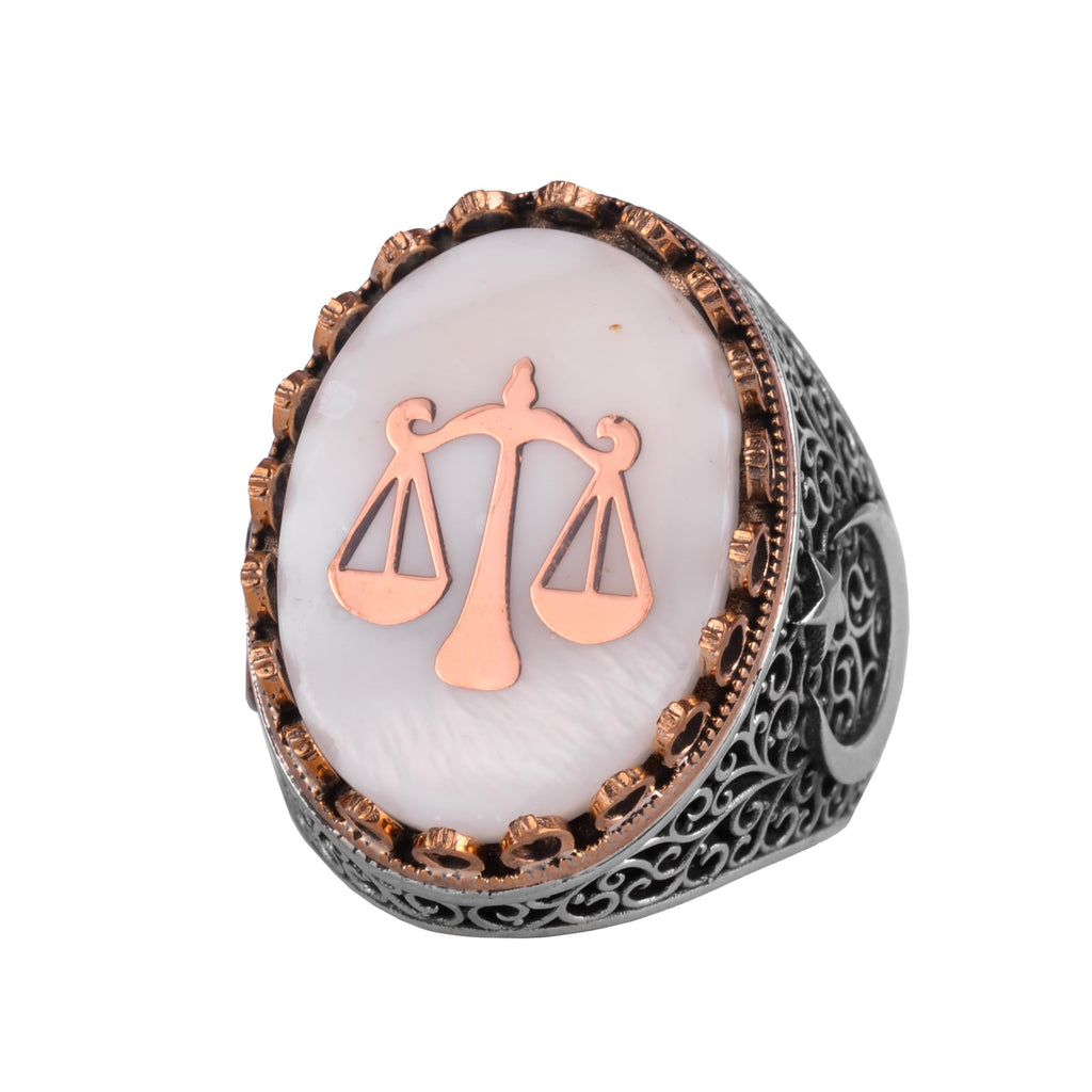 KAMBO Pearl Stone Men's Large Ring – 925 Sterling Silver Star and Moon Side Design (Lawyer Judge Balance)