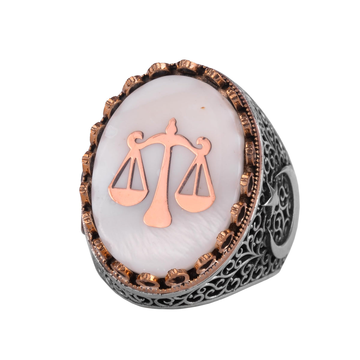 KAMBO Pearl Stone Men's Large Ring – 925 Sterling Silver Star and Moon Side Design (Lawyer Judge Balance)