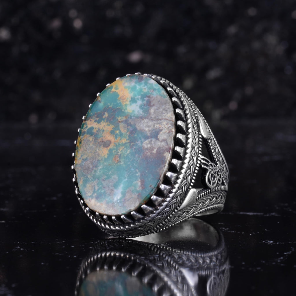 KAMBO Natural Turquoise Stone Large Men's Ring 925 Sterling Silver Oval Cabochon Ottoman Tugra Engraved Handmade Statement Ring (Turquoise-1) — 5