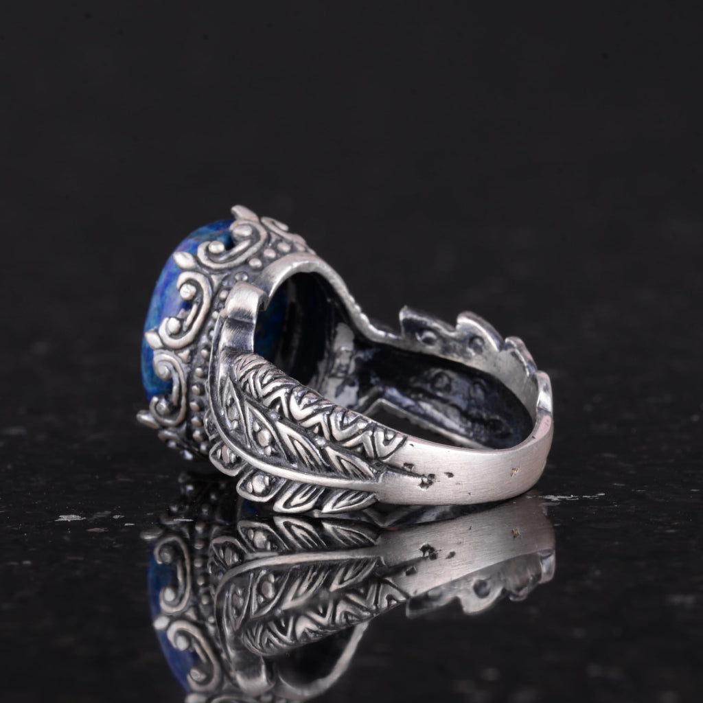 Bohemian Vintage Design Silver Women's Ring - Natural Lapis Lazuli Stone — 7