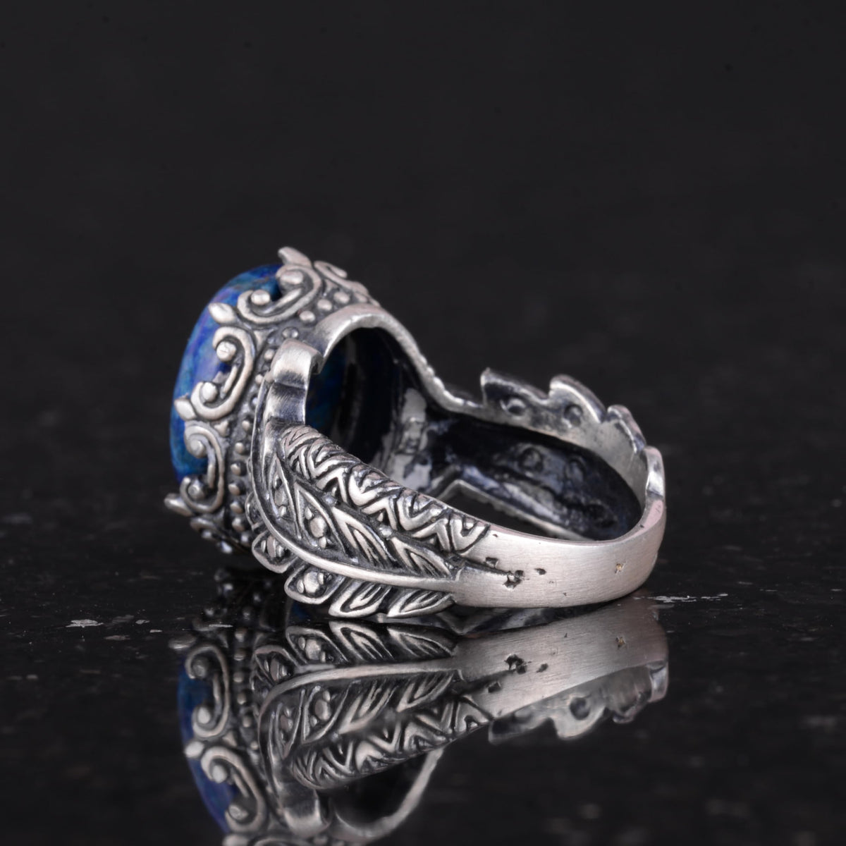 Bohemian Vintage Design Silver Women's Ring - Natural Lapis Lazuli Stone — 7