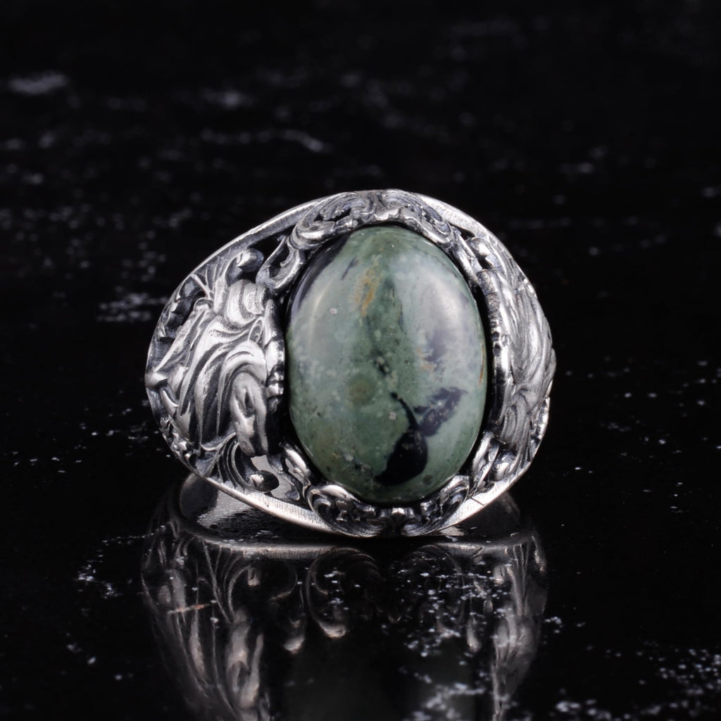KAMBO Natural Stone Men's Ring 925 Sterling Silver - Large Flower Engraved Statement Ring - Handmade Vintage Ring for Men (Green Evil Eye) — 4