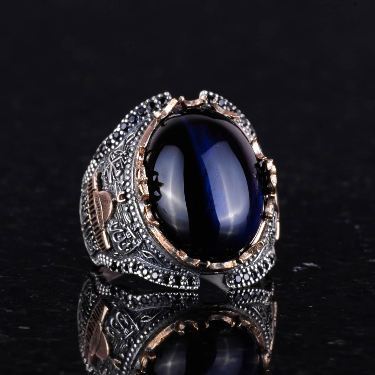 925 Sterling Silver Ring, Dark Blue Cat's Eye Stone Ring — 5