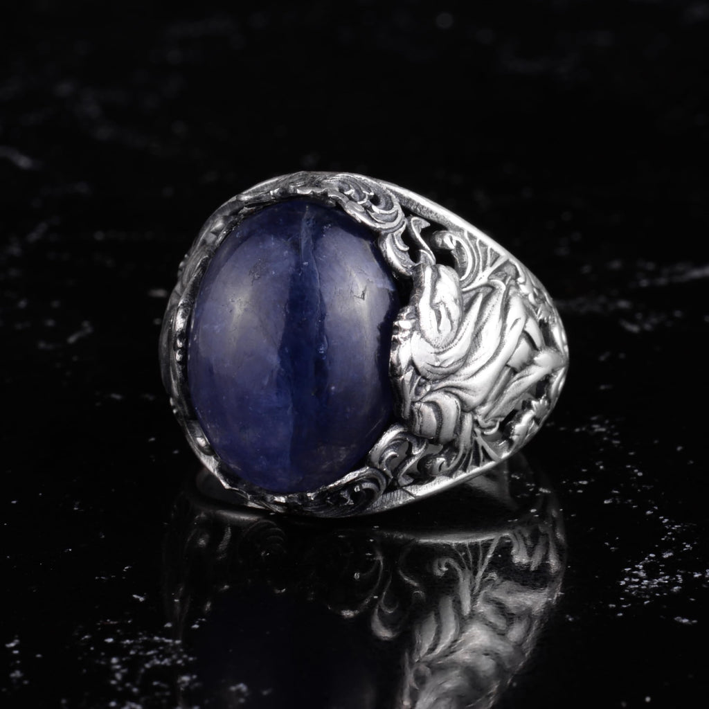 KAMBO Natural Stone Men's Ring 925 Sterling Silver - Large Flower Engraved Statement Ring - Handmade Vintage Ring for Men (Tanzanite) — 4