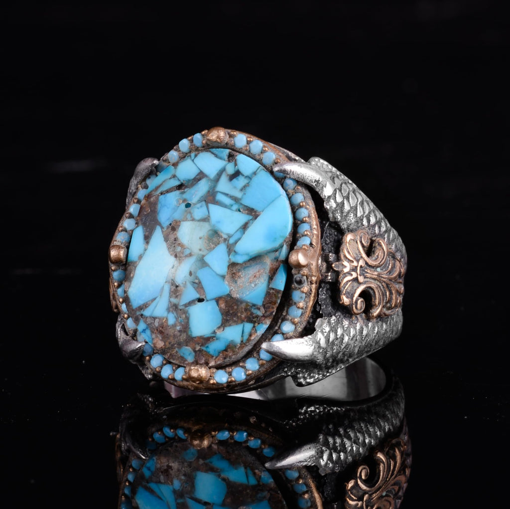 KAMBO Raw Turquoise Oval Stone Claw Setting – Bronze Detailed Silver Artisan Men's Statement Accessory (B) — 6