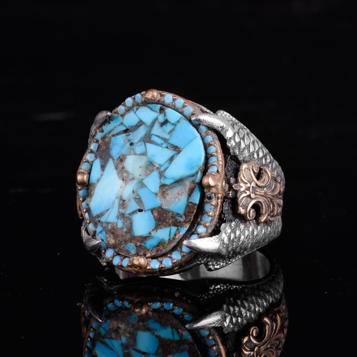 KAMBO Raw Turquoise Oval Stone Claw Setting – Bronze Detailed Silver Artisan Men's Statement Accessory (B) — 6