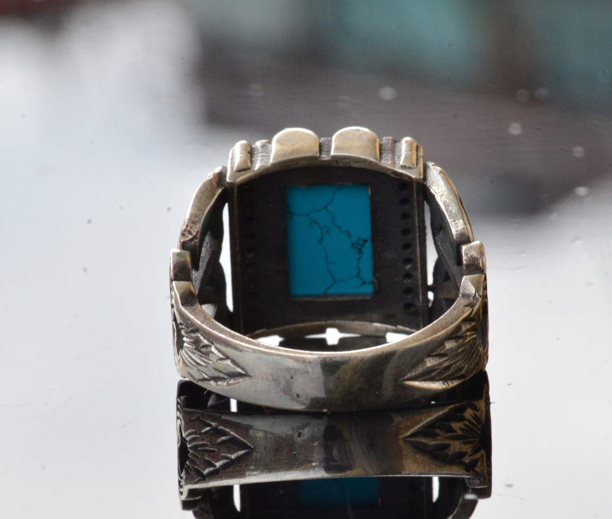 Handmade Vintage Turquoise Ring - 925 Sterling Silver, Stylish Ornate Design, Durable, Distinctive Jewelry, Perfect Fit — 8
