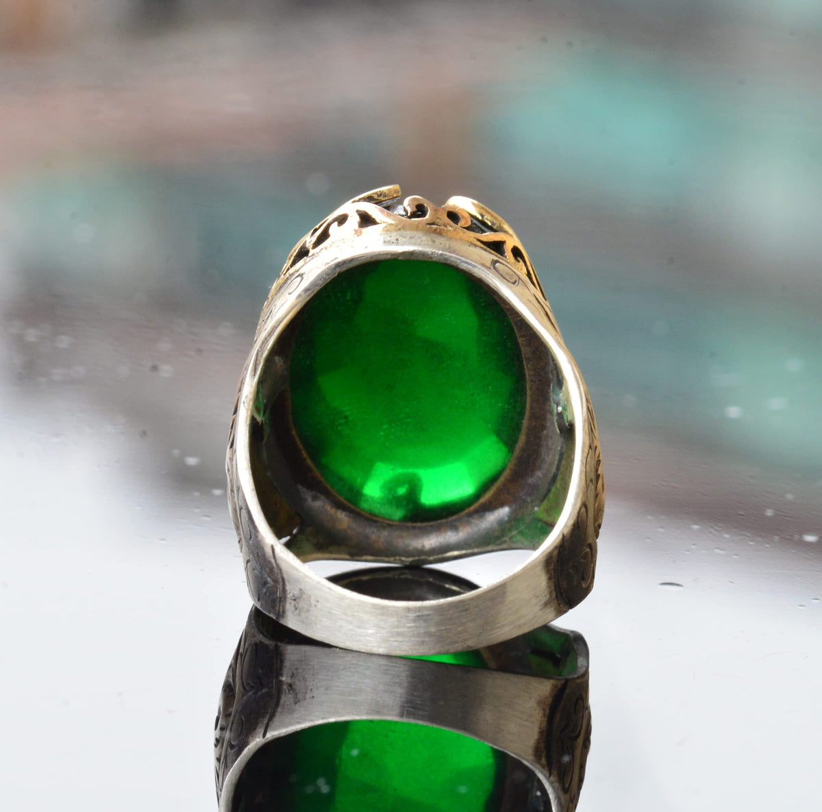 925 Sterling Silver Men's Ring, Artificial Emerald Stone, Ethnic Design — 5