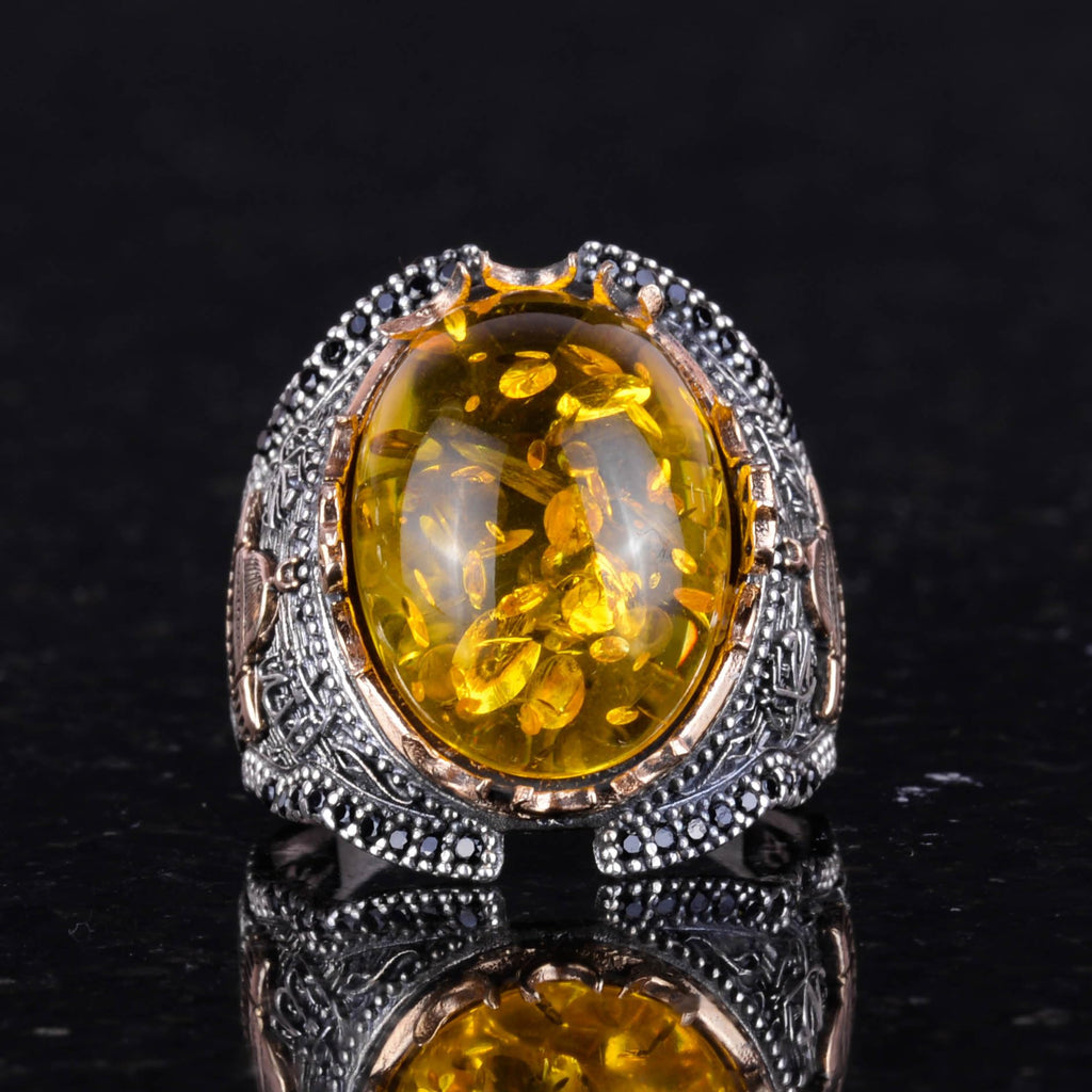 925 Sterling Silver Men's Ring, Ring with Synthetic Honey Amber Stone — 3