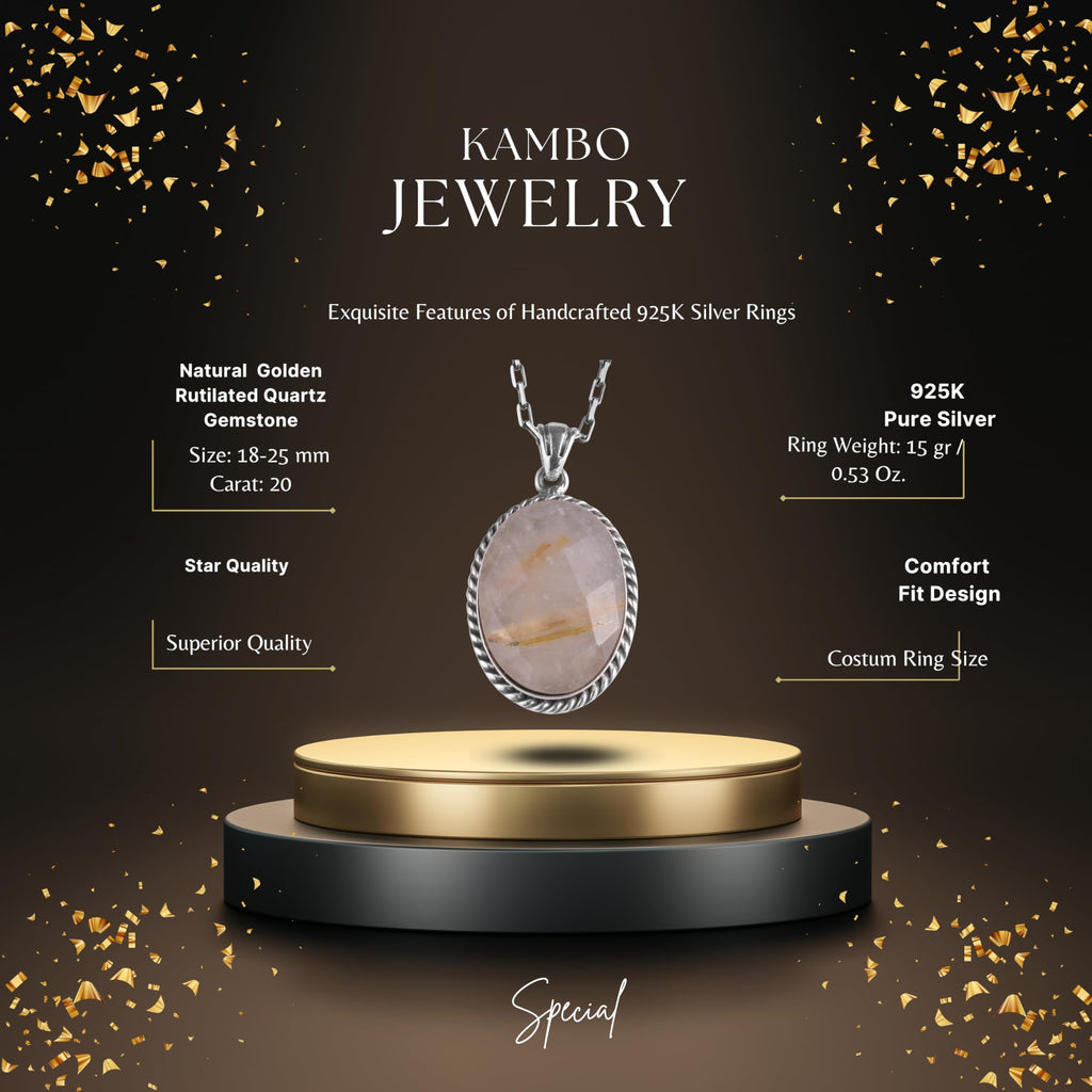 KAMBO Natural Stone Chain Unisex Necklace 925 Sterling Silver – Handmade Oval Description Necklace (Golden Rutilated Quartz) — 2