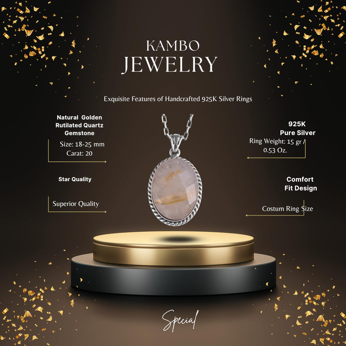 KAMBO Natural Stone Chain Unisex Necklace 925 Sterling Silver – Handmade Oval Description Necklace (Golden Rutilated Quartz) — 2
