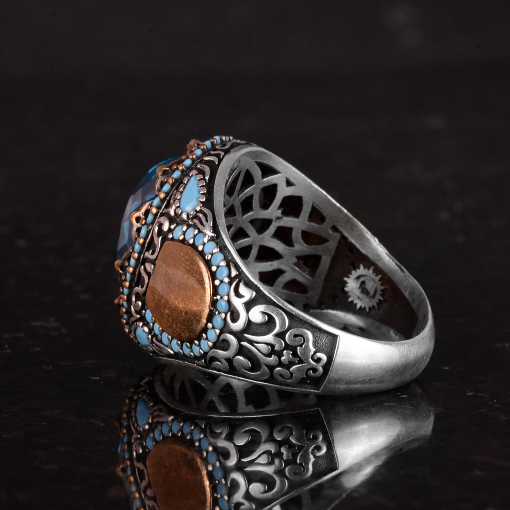Aquamarine Glass Stone Ring - Handmade Men's Ring - Stylish 925 Sterling Silver Men's Ring — 7