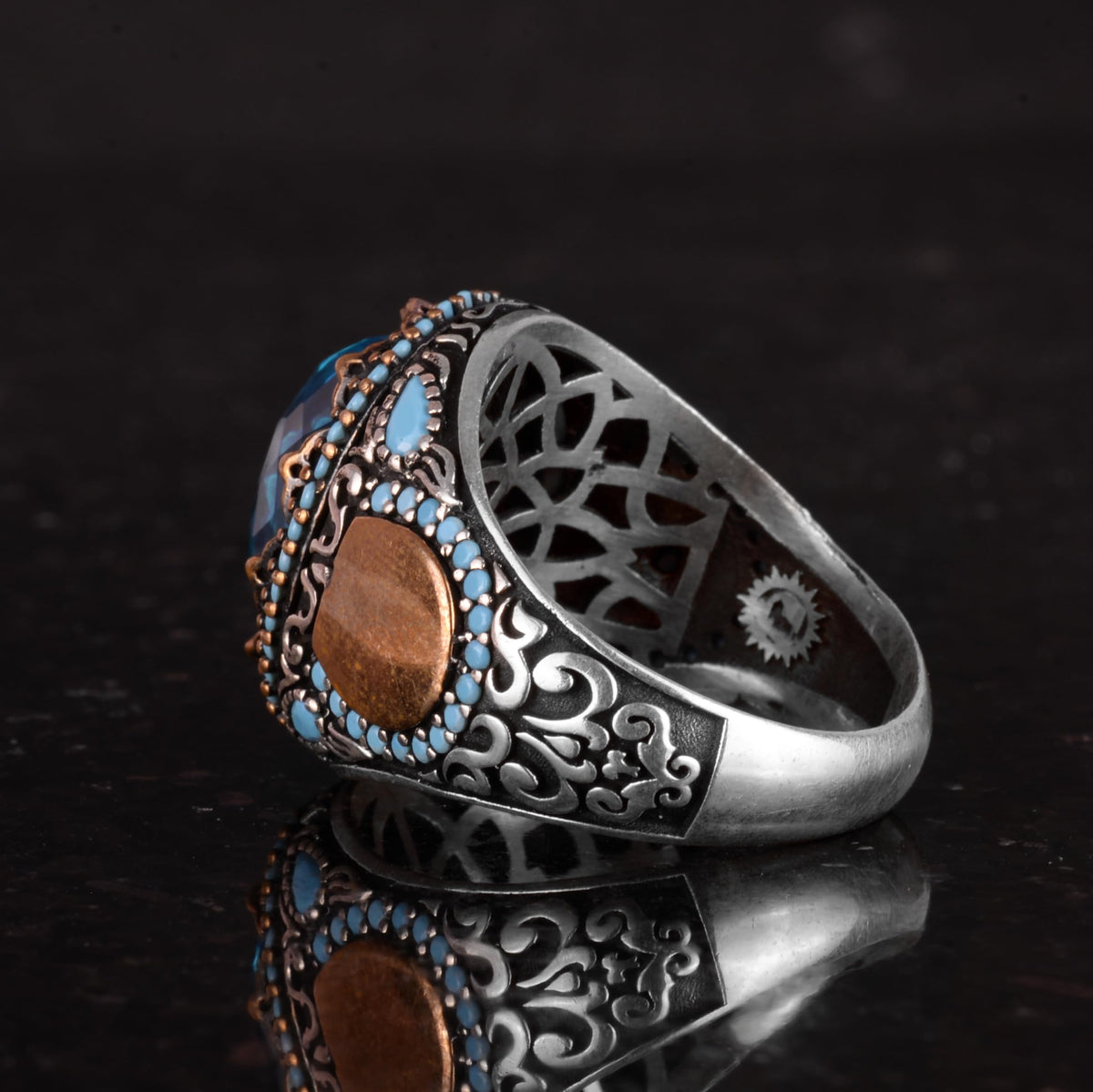 Aquamarine Glass Stone Ring - Handmade Men's Ring - Stylish 925 Sterling Silver Men's Ring — 7