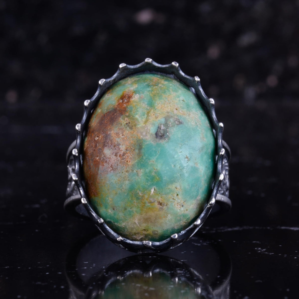 KAMBO Natural Arizona Turquoise Stone Large Ring Men's 925 Sterling Silver Crown Frame Oval Cabochon Ottoman Pattern Handmade Statement Ring (Turquoise-1) — 4