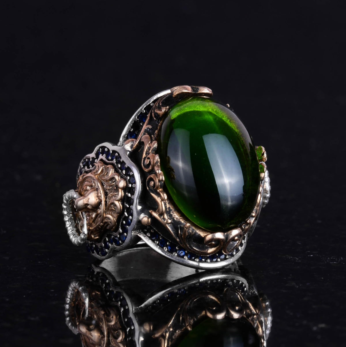 Peridot Synthetic Stone Ring, 925 Sterling Silver Ring, Lion Symbol Design Men's Ring — 5