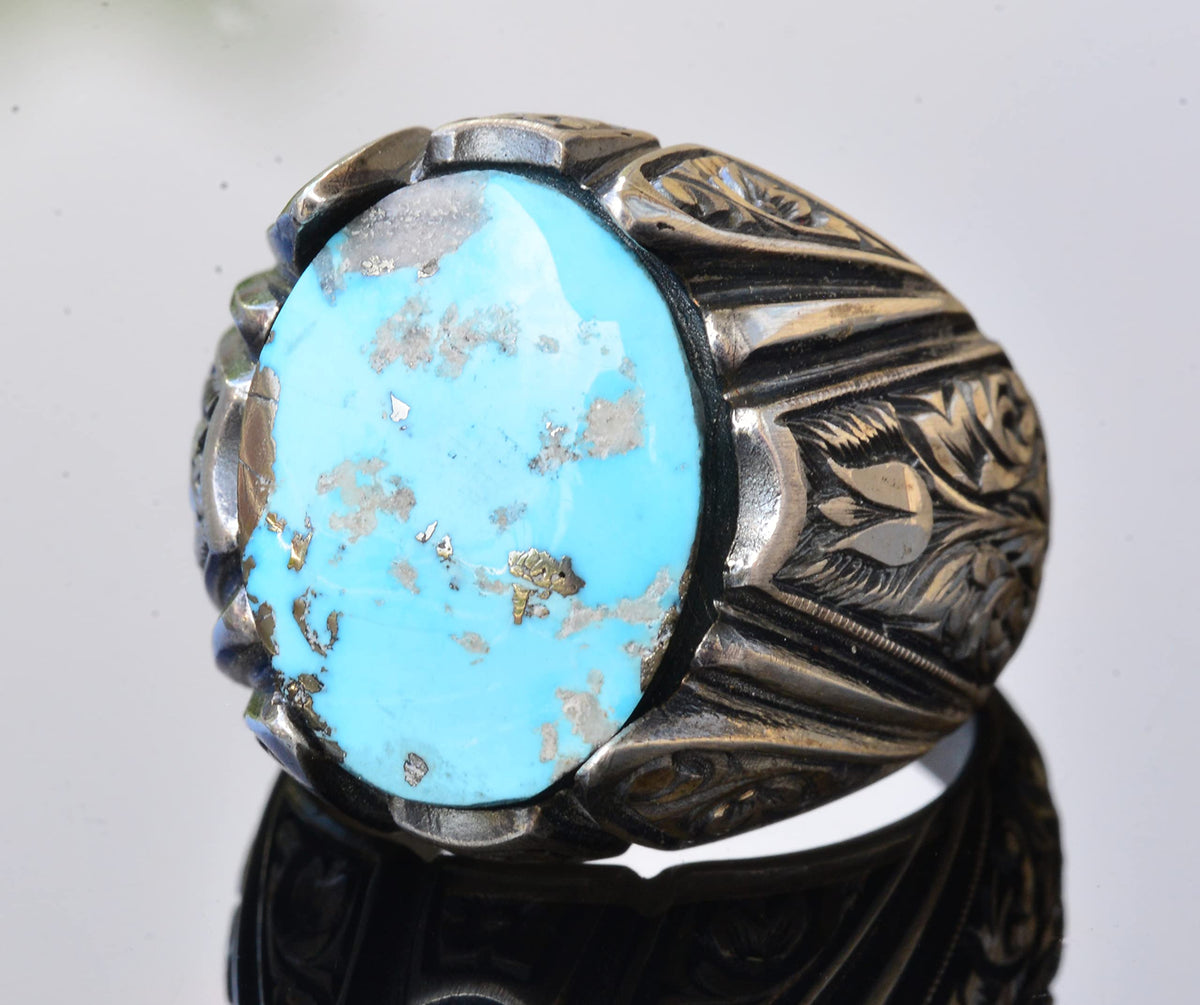 KAMBO Handmade Vintage Men's Ring with Real Natural Arizona Turquoise Stone in 925 Sterling Silver - Statement Style-3 D