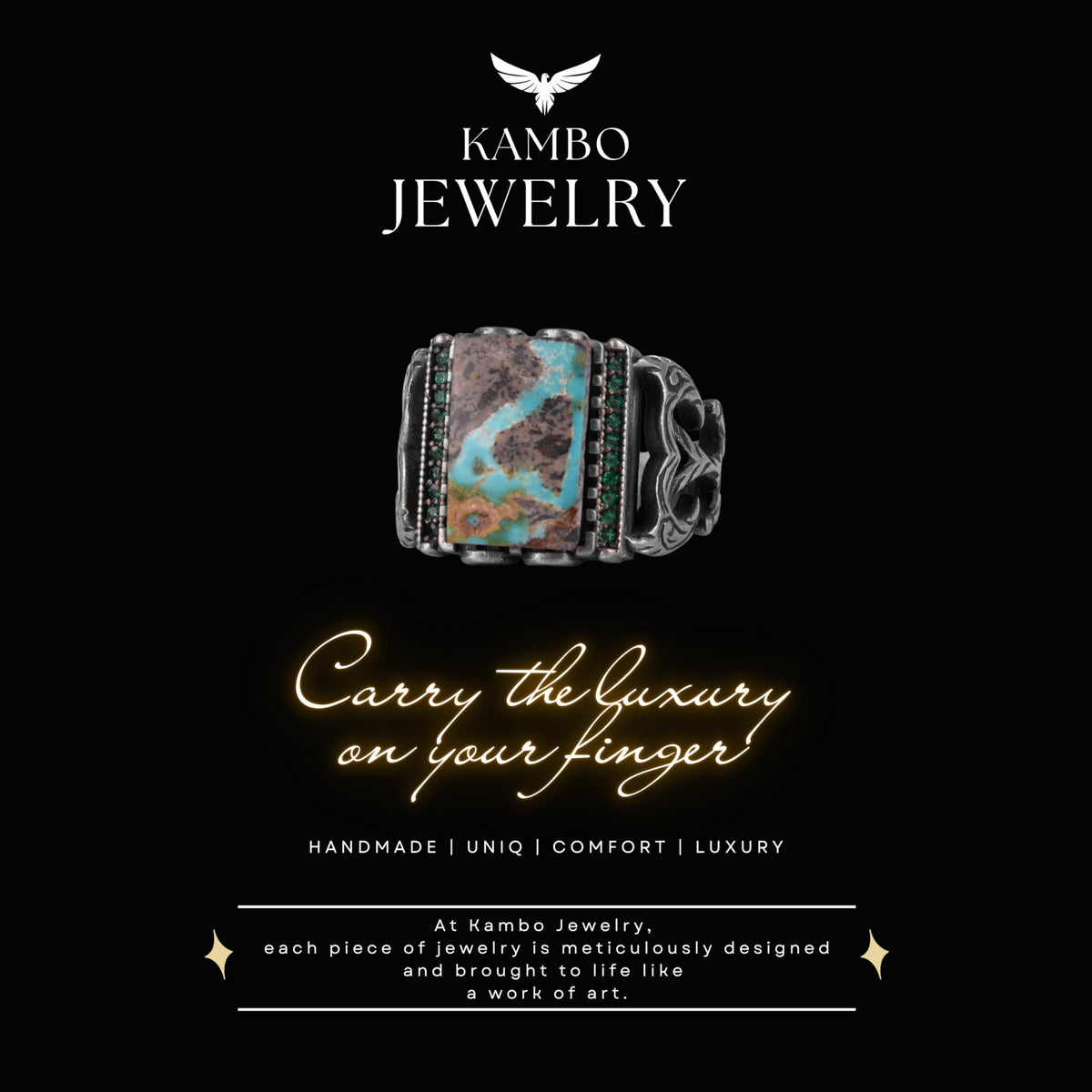 KAMBO Natural Arizona Turquoise 925 Sterling Silver Men's Ring – Rectangular Stone Ottoman Style Engraved Design (Style-3) — 7