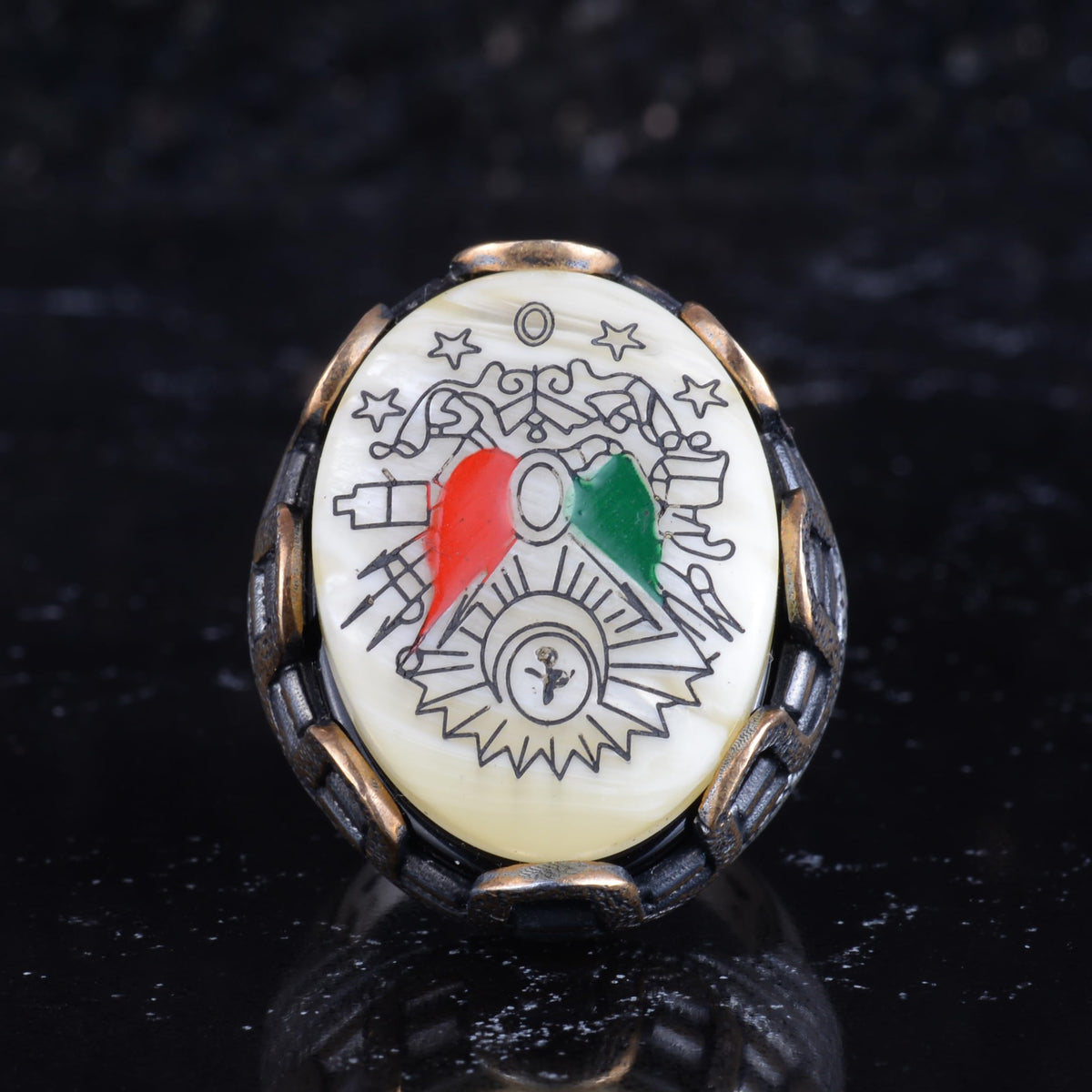 KAMBO Natural Pearl Stone Ottoman Empire Emblem Large Ring Men's 925 Sterling Silver Bronze Detailed Handmade Statement Ring — 4