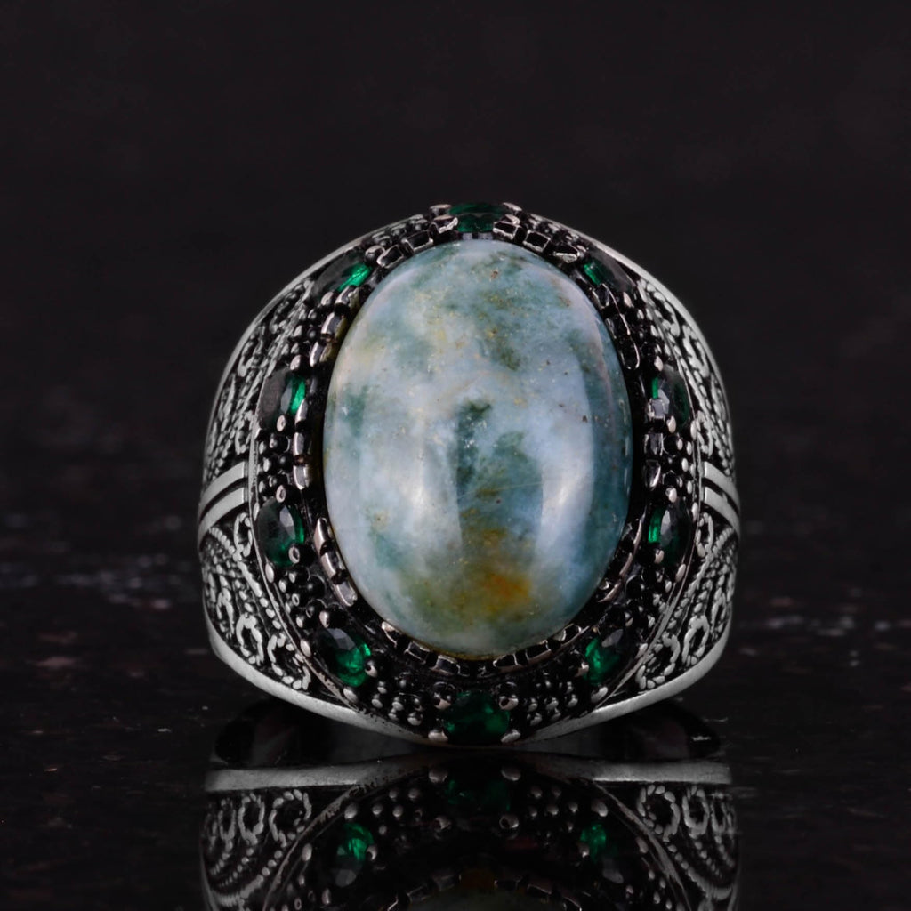 Natural Moss Agate Stone Ring - 925 Sterling Silver Men's Jewelry — 4