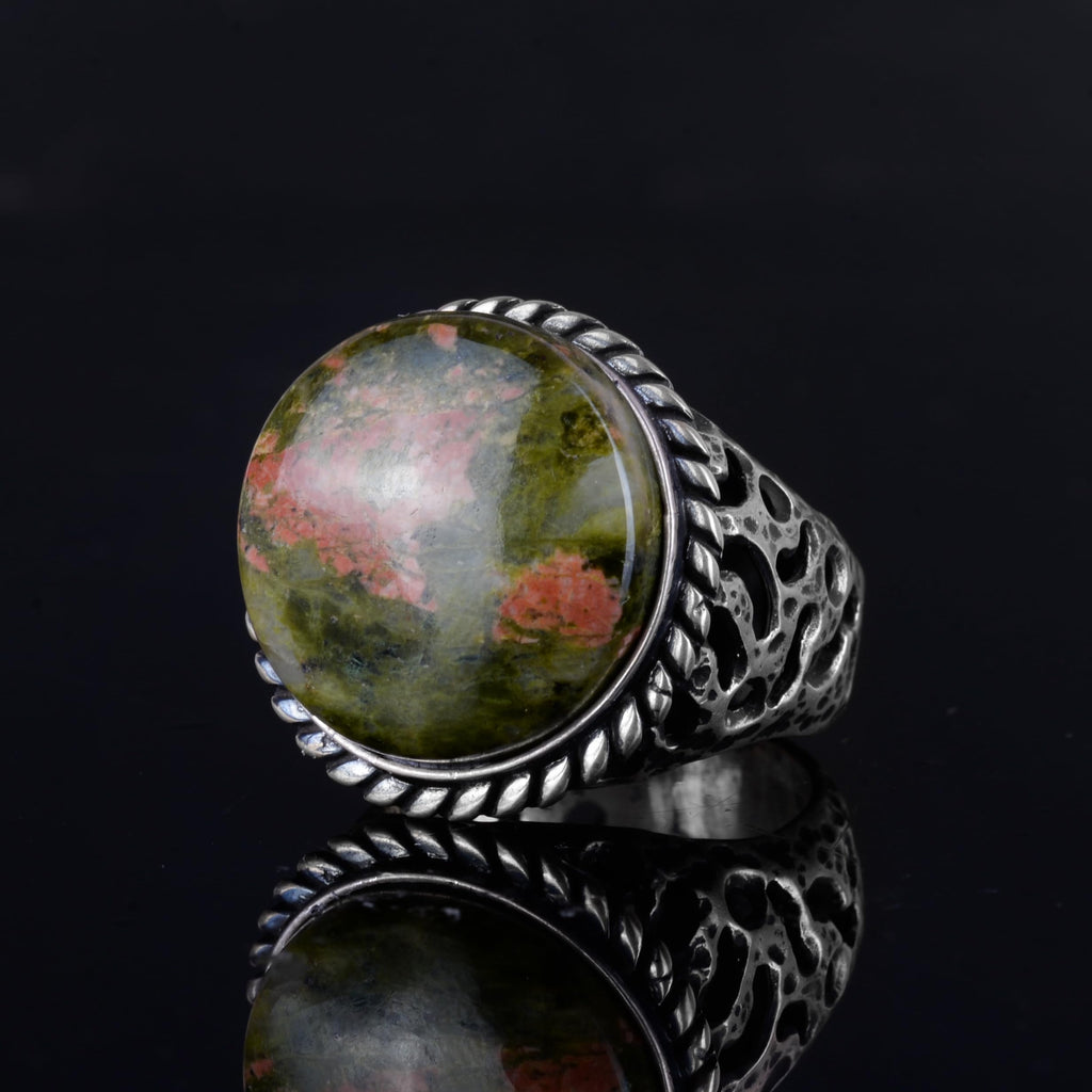 KAMBO Men's Unakite Stone Ring – Round Natural Unakite Stone 925 Sterling Silver Ring – Handmade Oxidized Silver Statement Ring — 5