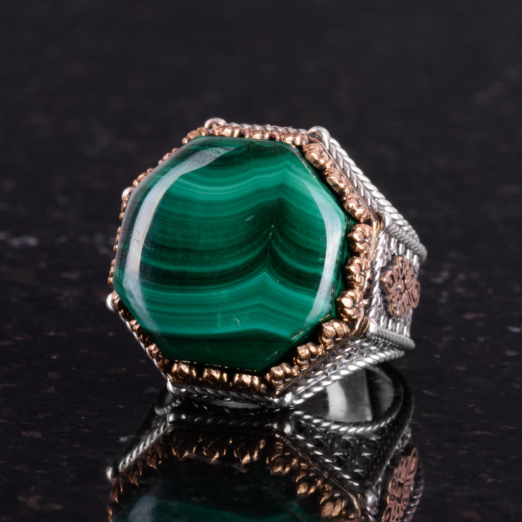 Natural Malachite Stone Octagonal Ring - Handcrafted 925 Sterling Silver Jewelry — 5