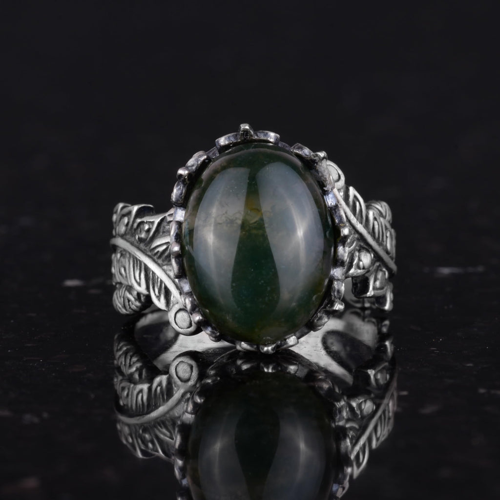 Silver Women's Ring with Natural Moss Agate Stone, Vintage Bohemian Design — 4