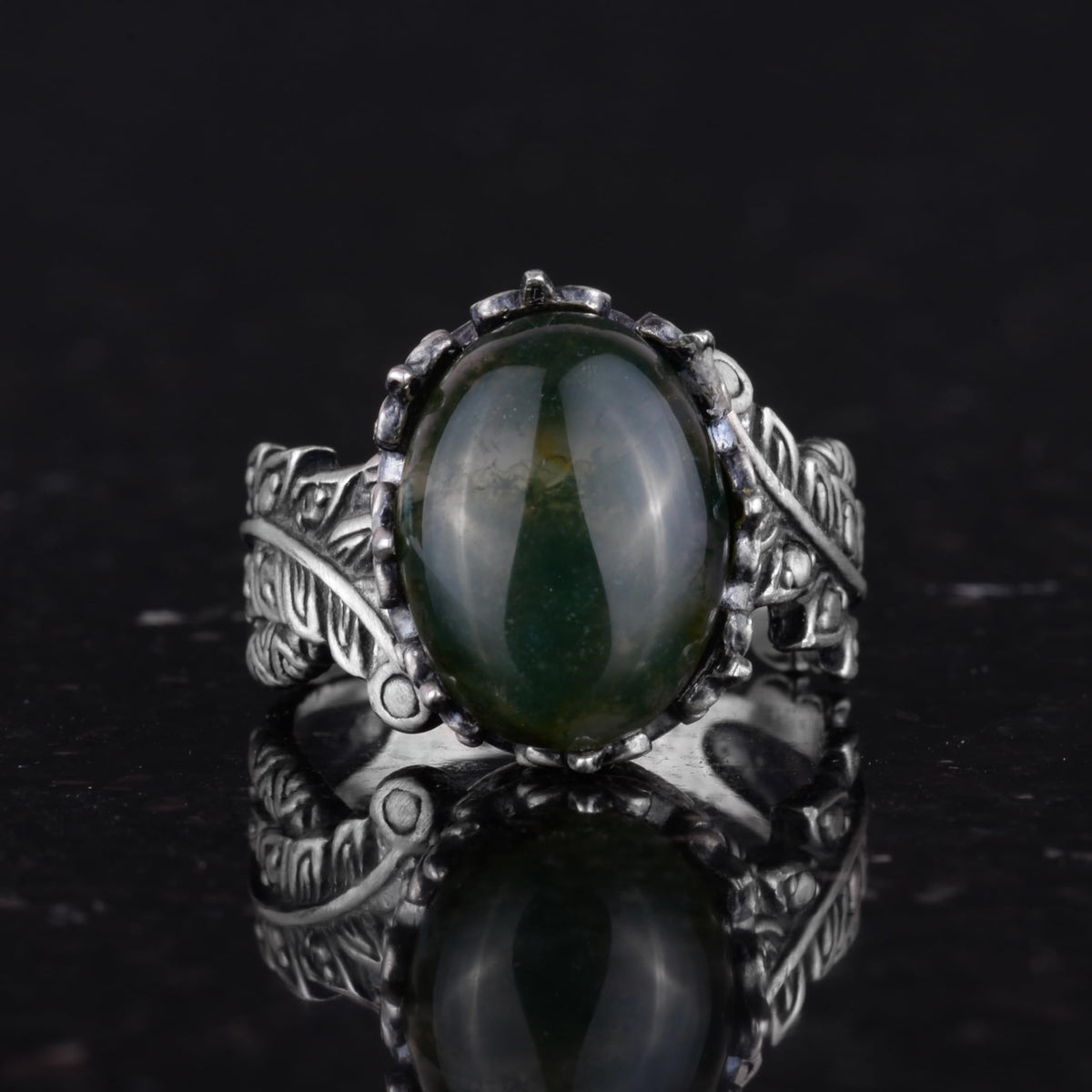 Silver Women's Ring with Natural Moss Agate Stone, Vintage Bohemian Design — 4