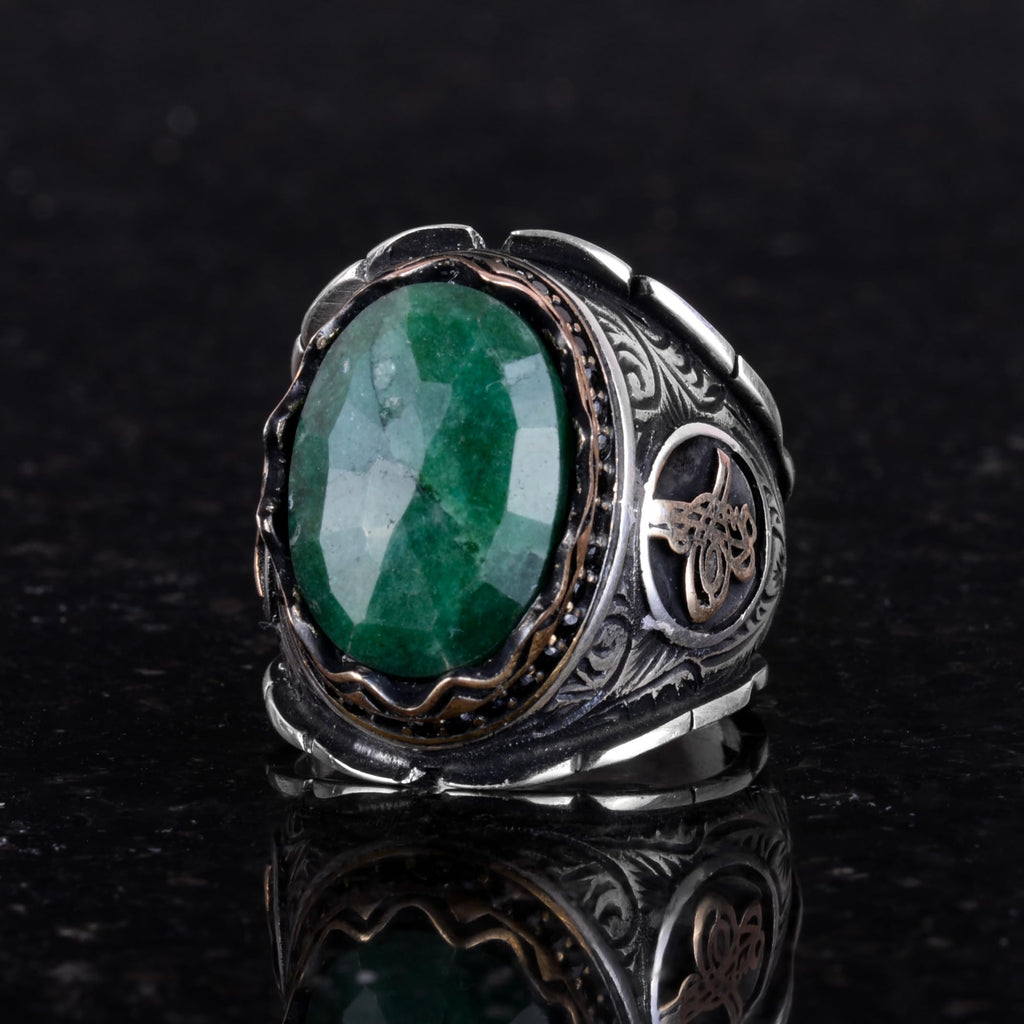Ottoman Tugra Silver Ring, Natural Stone Ring, 925 Sterling Silver Ring (Emerald) — 5