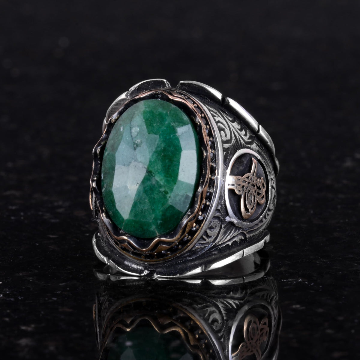 Ottoman Tugra Silver Ring, Natural Stone Ring, 925 Sterling Silver Ring (Emerald) — 5